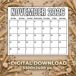 Calendario mensual de noviembre de 2026, planificador en blanco y negro (descarga digital)