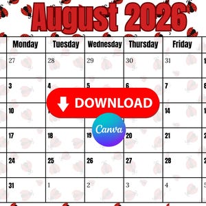 August 2026 Calendar, August Calendar 2026, August, Calendar August, August Calendar, Calendar, August 2026, Digital Download,  Ladybug
