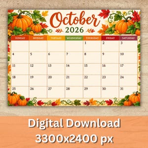 Oktober 2026 Månadskalender, Höstkalender, Färgglad, Utskrivbar Planner (Digital Nedladdning)