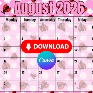 August 2026 Calendar, August Calendar 2026, August, Calendar August, August Calendar, Calendar, August 2026, Digital Download,  Ladybug
