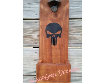 Rustic Skull Beer Bottle Opener with Cap Catcher: Pallet Wood Man Cave Decor