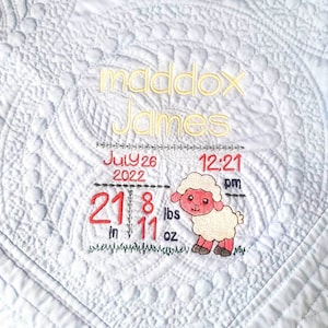 Personalized Heirloom Baby Quilt with Birth Stats, Lamb Heirloom Birth Stat Announcement Blanket, Shower, Baby Keepsake, Baby Boy or Girl