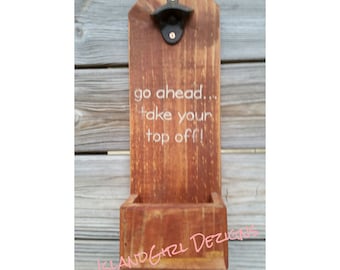 Rustic Beer Bottle Opener with Cap Catcher: Distressed Wood Man Cave Decor
