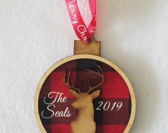 Personalized Buffalo Plaid Deer Ornament: Rustic Farmhouse Christmas