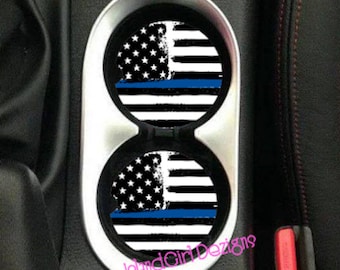 Fine ligne bleue drapeau américain dessous de verre en céramique-Décor de voiture personnalisé-Accessoires voiture-Police-Premier intervenant-Retour avec drapeau bleu-fin