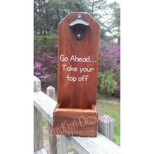Rustic Wood Beer Bottle Opener with Cap Catcher: Man Cave Bar Decor
