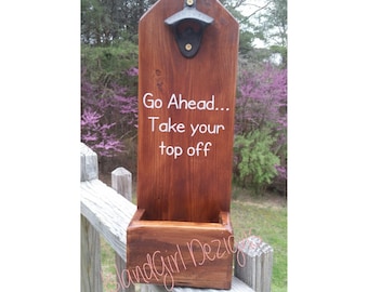 Rustic Wood Beer Bottle Opener with Cap Catcher: Man Cave Bar Decor