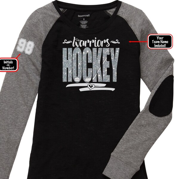 Personalized Hockey Mom Shirt with Team Name & Number on Sleeve, Custom Hockey LIGHTWEIGHT Long Sleeve Raglan Tshirt with elbow patches