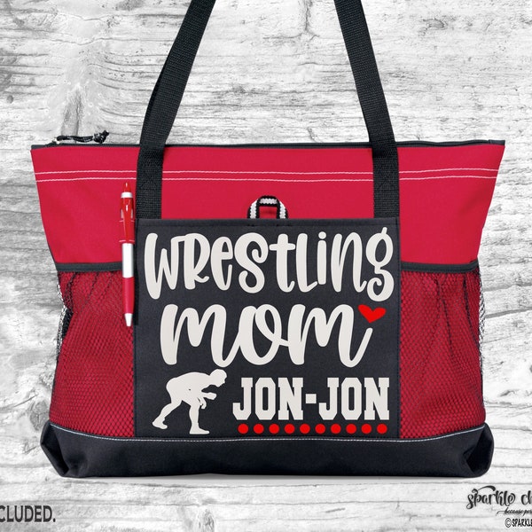 Personalized Wrestling Mom Lightweight Zippered Tote Bag with Custom Name, Male or Female Silhouettes Available