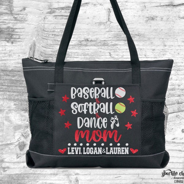 Personalized Baseball, Softball & Dance Mom Lightweight Tote Bag (ANY 3 or 4 sports/activities), Custom Sports Mom Tote, SHIPS FREE