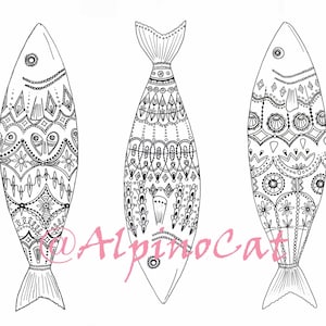 3 Coloring pages, Fish drawing, Instant DOWNLOAD coloring, Fish coloring page, Line art, Art therapy, doodle fish, underwater world