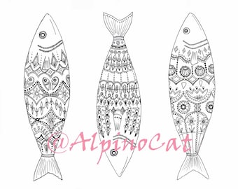 May include: Three black and white line drawings of fish with intricate patterns on their bodies. The fish are facing forward and have a stylized design.