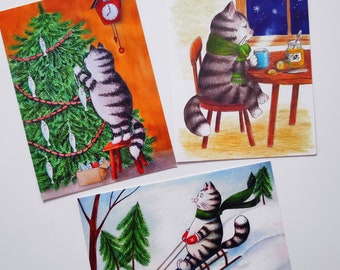 Cat postcard set, Winter fun illustrations, Christmas postcards, gift for cat lovers