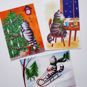 Set di cartoline per gatti, illustrazioni divertenti invernali, cartoline di Natale, regalo per gli amanti dei gatti
