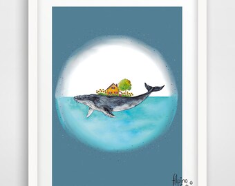 Humpback whale art print, whale poster, wall art, home decor, whale illustration, watercolor whale