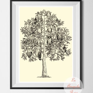 Owls art print, art print unframed, Owls poster, wall art, home decor, owl illustration, ink owls, ink drawing, gift for owl lovers