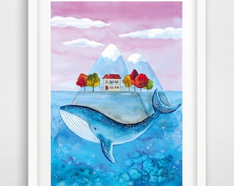Whale art print, whale poster, wall art, home decor, whale illustration, watercolour painting, underwater, watercolor whale