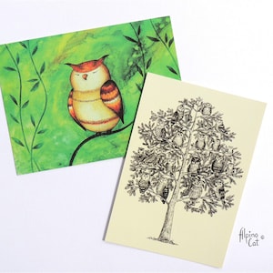 Ensemble de cartes postales de hiboux, 4 cartes postales dans l'ensemble : Hibou endormi et un arbre de hibou, joli cadeau pour les amateurs de hibou ou bibliothécaire