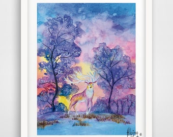 Stag art print, stag poster, deer illustration, winter deer