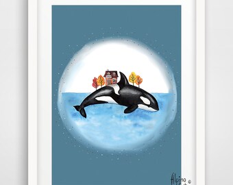Orca art print, whale poster, wall art, home decor, orca illustration, watercolor whale