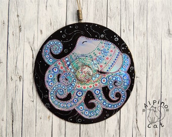 Octopus decor, sea decor, sea ornament, whimsical octopus, underwater world, hand painted CD, upcycled decor, marine decor, sea creatures