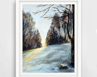 May include: A painting of a snowy forest scene with a path leading through the trees. The trees are bare and the snow is white and fluffy. The sky is a light blue and there is a hint of sunlight in the distance.