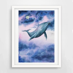Whale watercolor painting, flying whale, magic whale, original painting