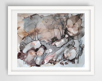 May include: A watercolor painting of a small house nestled in a forest with a crescent moon in the sky. The painting features a muted color palette of browns, grays, and pinks.