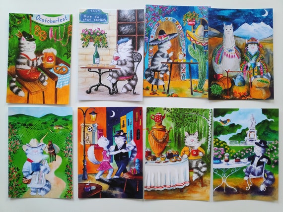 Cat postcard set, Different quantity options (3,4,6,8 cards), Cats around the world, Paris cat, Ocatoberfest card, cat lovers, travelling