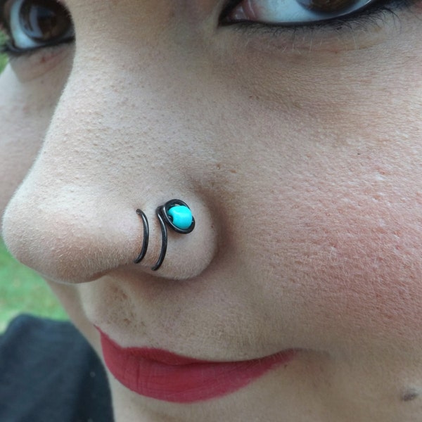 Nieuw! Fake dubbele neusring met kleine turquoise kralen /Faux/clip op/Nee piercing nodig!