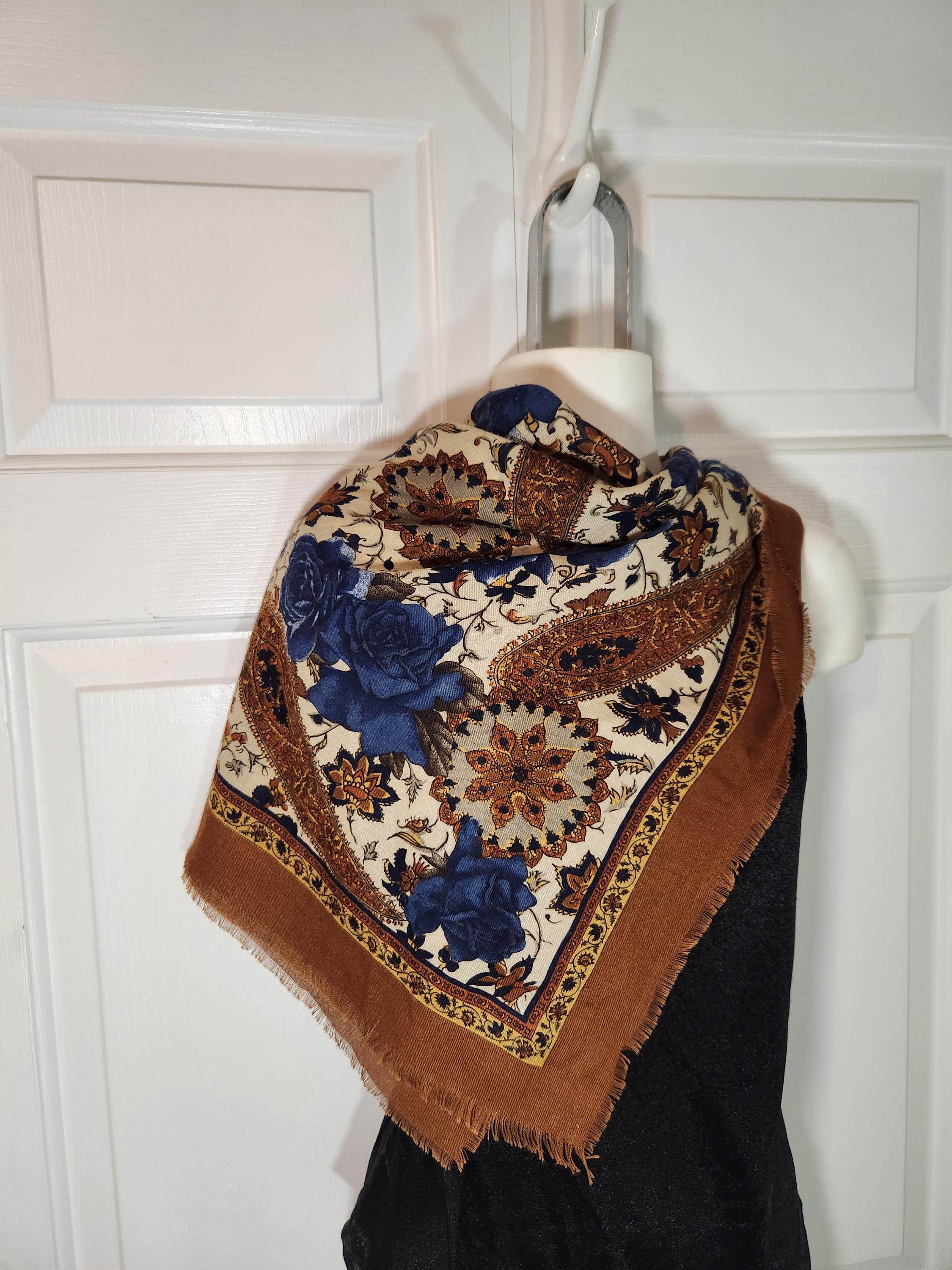 Blue & brown floral vintage scarf Vintage shawl Retro headscarf