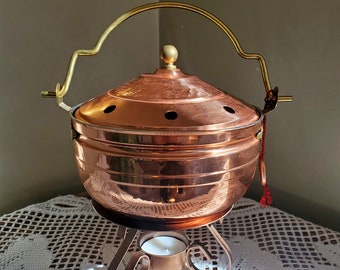 Stöckli Swiss made copper fondue warming pot with stand, potpourri simmer pot, mid-century made