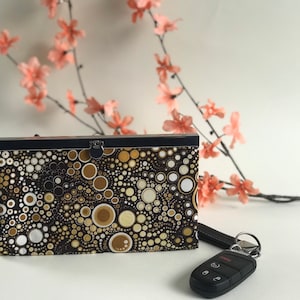 Cartera con cierre Cartera de mujer / Tela con círculos marrones / Cartera fina Bolsillo para chequera Porta libreta
