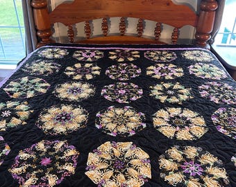 Purple Floral Quilt Throw 95x75 – Handmade Patchwork Bed Quilt, Black Gold Chrysanthemum Blanket