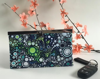 Handmade Frame Clasp Wallet – Blue Green Circle Print, Modern Women’s Wallet