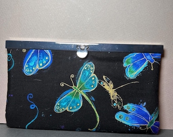Handmade Dragonfly Clutch Wallet – Blue Print Kiss Lock Organizer Bag