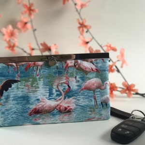Cartera de tela Famingos para mujer, regalo para dama, billetera delgada de 19 x 11,4 cm / billetera con cierre de metal, billetera de tela Diva, regalo para el Día de la Madre.