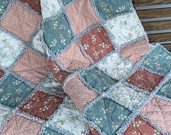 Handmade Rag Quilt Throw 53 x 53 | Floral Cotton & Gray Flannel Blanket | Cozy Lap Quilt | Farmhouse Cottage Decor | Ready to Ship