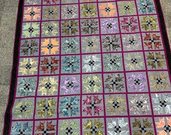 Handmade Queen Bear Claw Quilt – Modern Magenta Sashing, Heirloom Cotton Bedspread