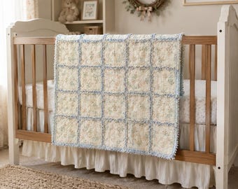 Handmade Cottage Floral Flannel Rag Quilt – Soft Blue Chenille Baby Blanket (40" x 29")