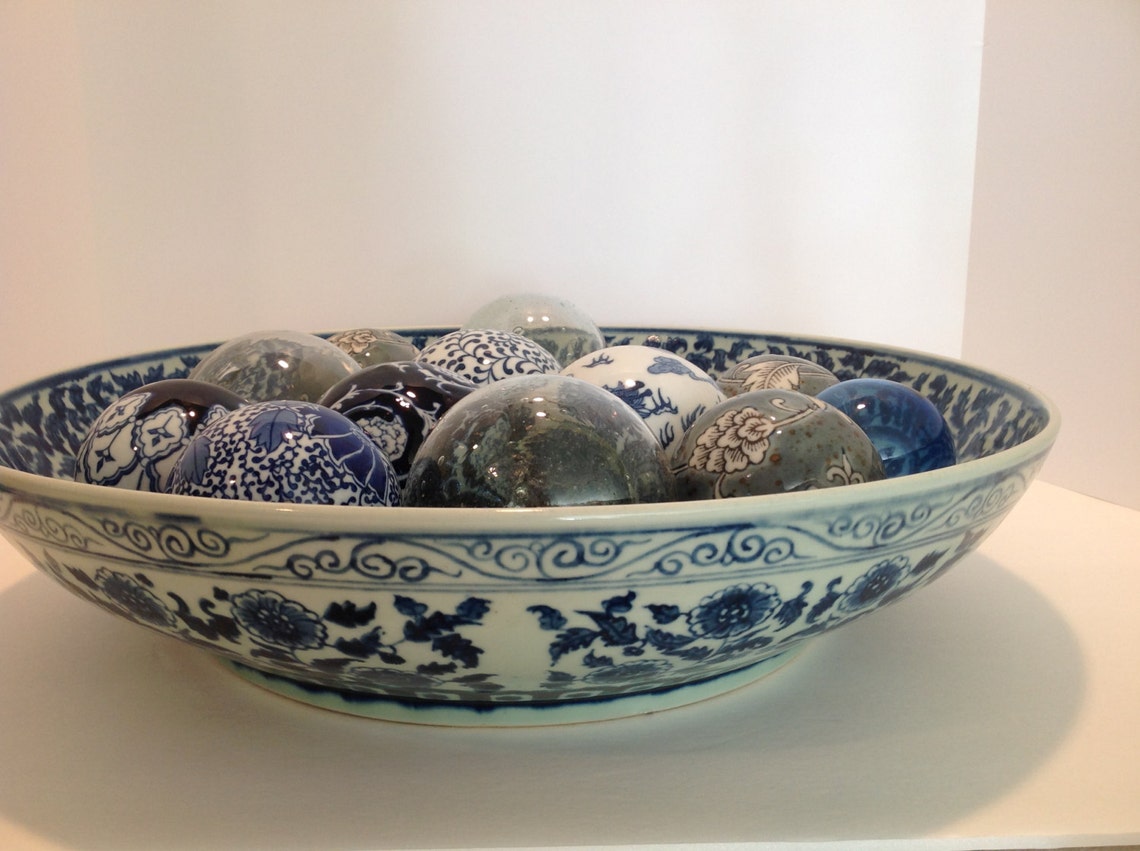 Extra large blue and white bowl with 14 ceramic balls Etsy