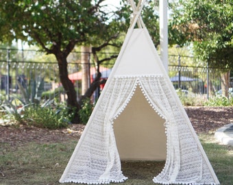 Pocahontas teepee with window, kids teepee with window with ruffled lace and pompom trim, kids play tents, girls lace Tipi