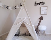 Original Pompom teepee with whole piece wood poles, kids Teepee, tipi, Play with nature canvas and Overlapping front doors