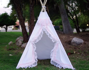 White shabby-chic lace teepee tent/ white canvas and pink lace kids Play tent/ girls canvas & lace Tipi ruffle photo pro