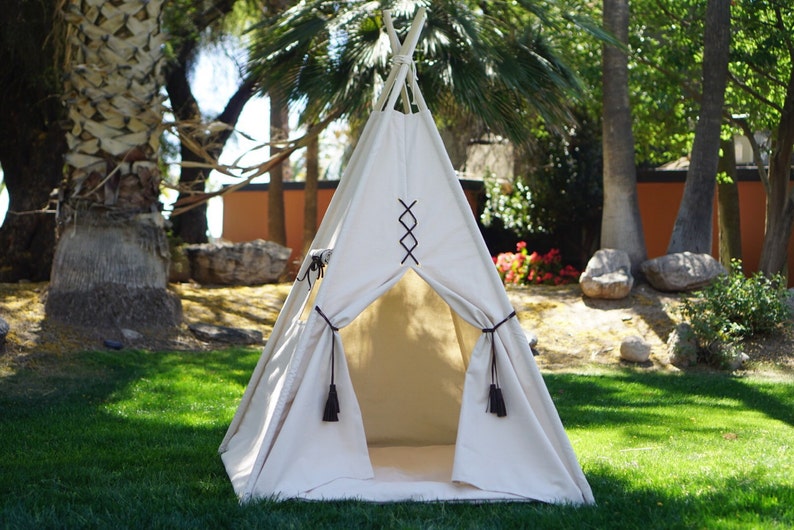 Original teepee with window, kids teepee in nature canvas and leather tassel Door Ties image 2