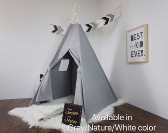 Teepee Grey with window, kids Teepee with nature canvas and Overlapping front doors