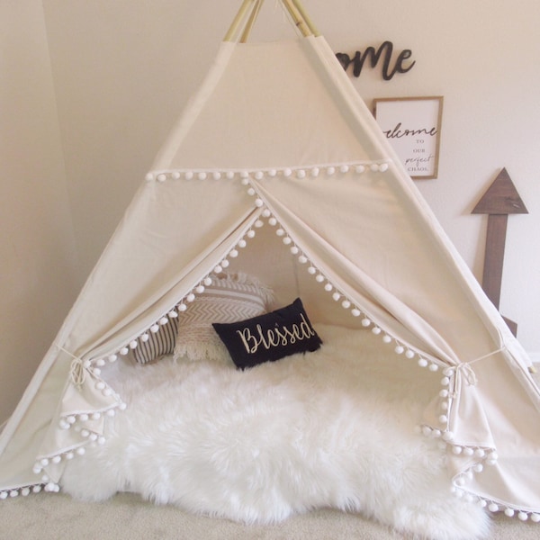 Pompom Bed teepee with higher standing room,  tent bed canopy, kids teepee bed, tent bed canopy