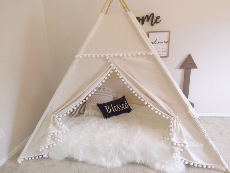 Pompom Bed teepee with higher standing room,  tent bed canopy, kids teepee bed, tent bed canopy 