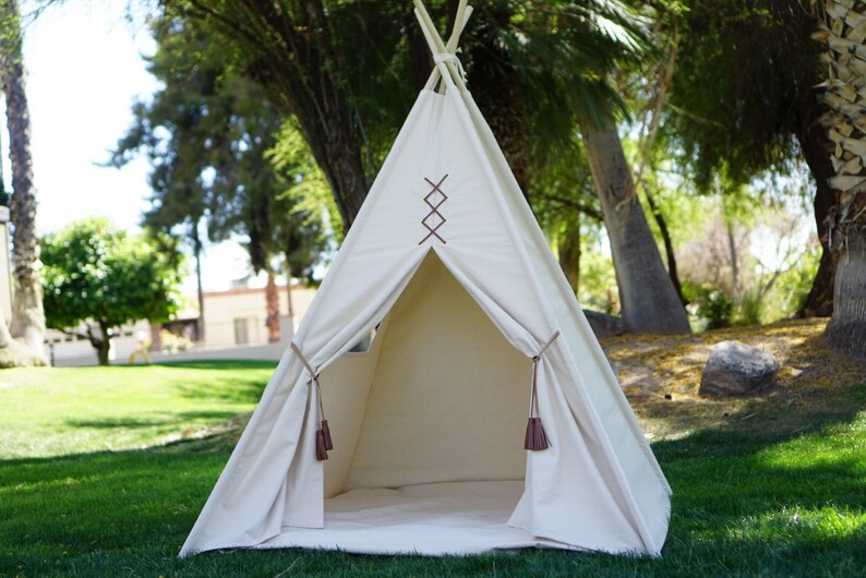 Original teepee with window, kids teepee in nature canvas and leather tassel Door Ties image 4