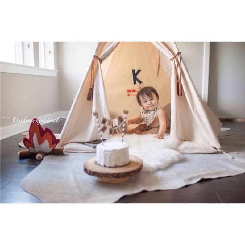 Original teepee with window, kids teepee in nature canvas and leather tassel Door Ties image 3